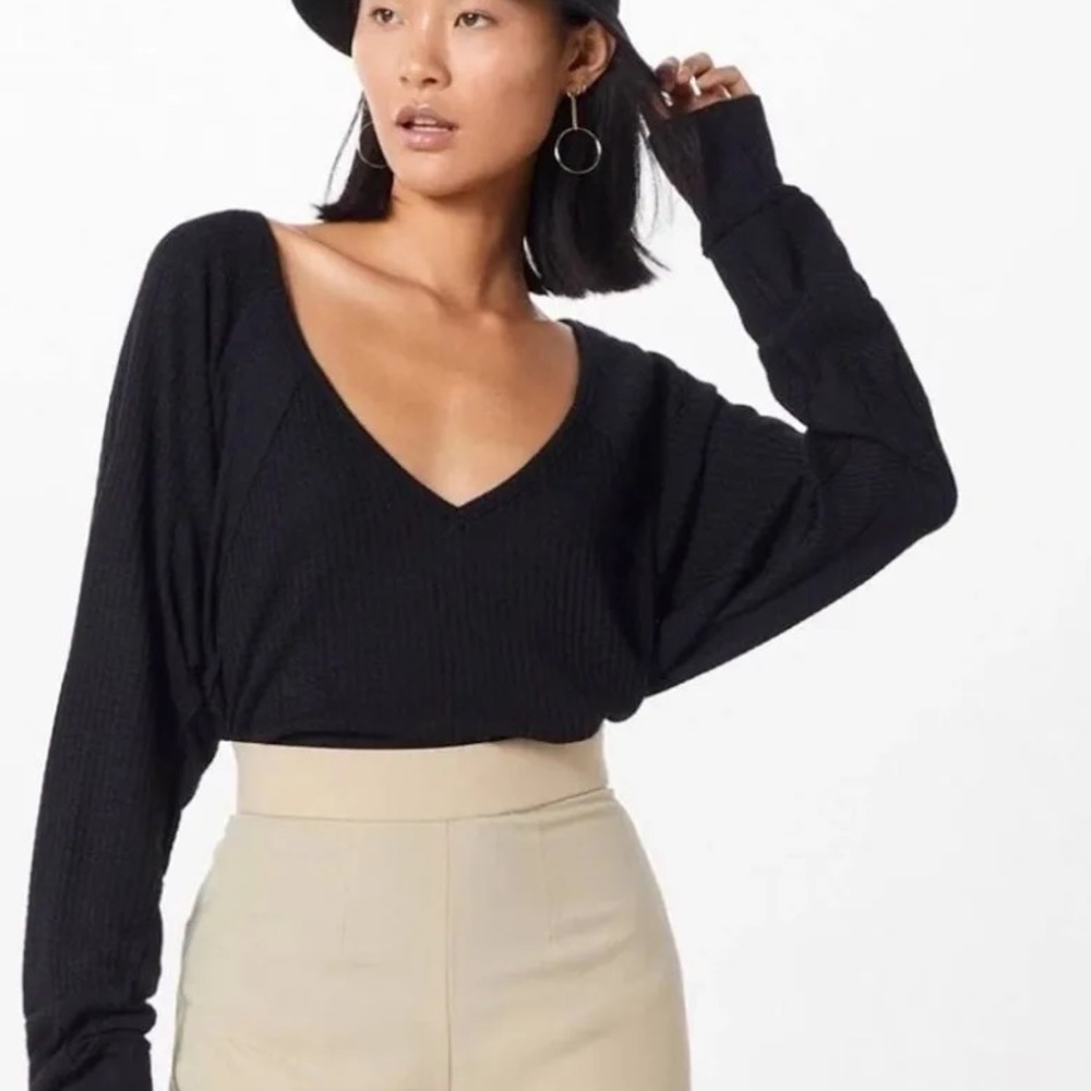 NWT Free People Santa Clara Black Ribbed V-Neck Sweater